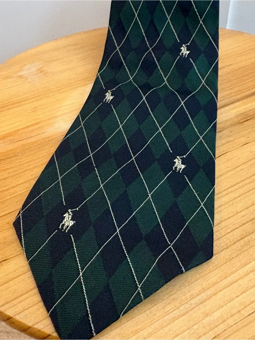 Vintage Polo Ralph Lauren Silk Tie Green Blue Argyle Plaid Embroidered Pony 90s